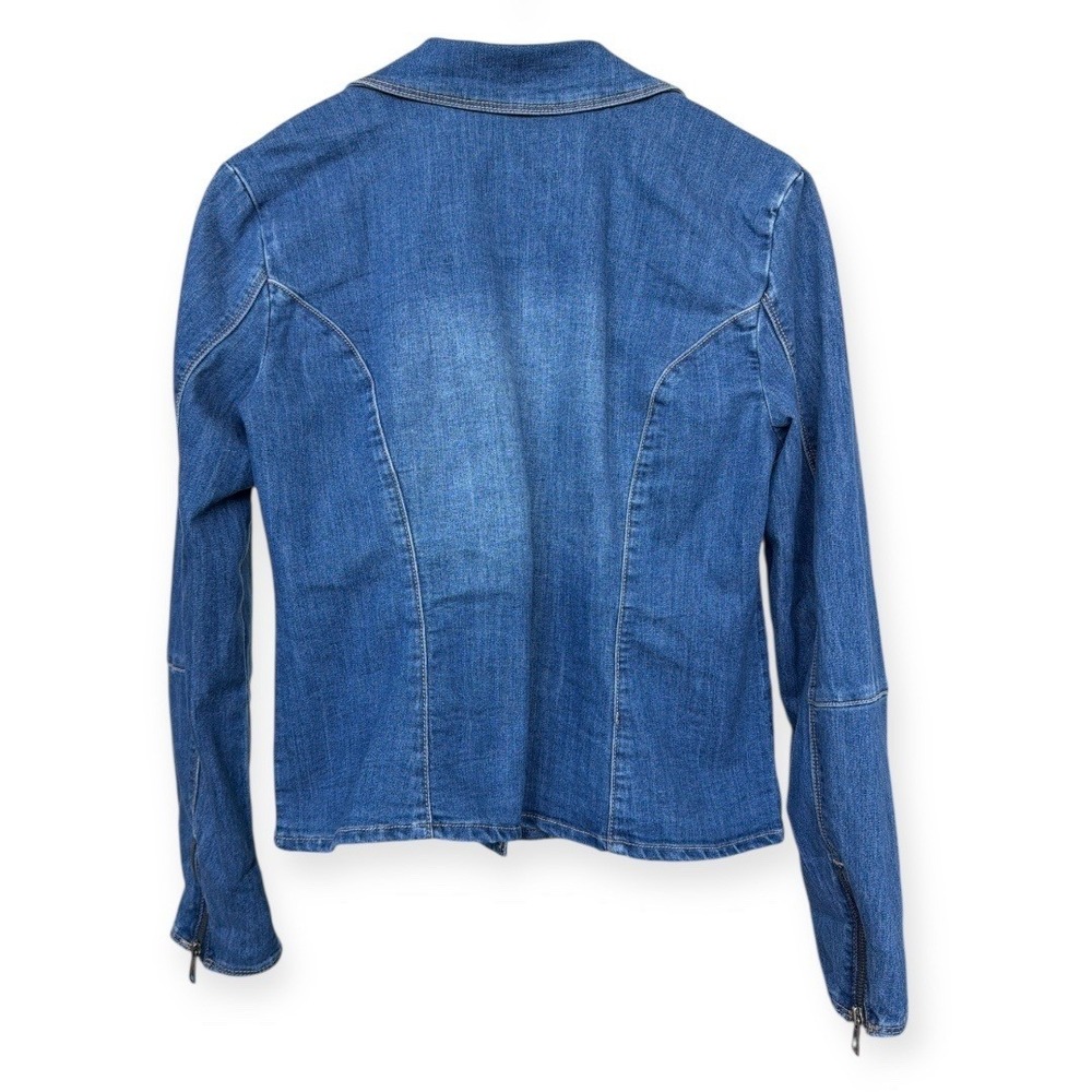 Kate & Mallory Denim Moto Jacket M Asymmetrical Zip Stretch Biker 80s Style - Picture 9 of 9
